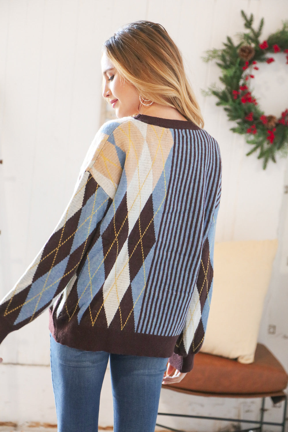 Mocha Blue Half & Half Vertical Stripe Sweater