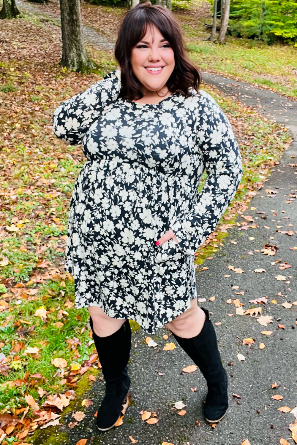 Just Be You Charcoal Blue Floral Long Sleeve Babydoll Dress